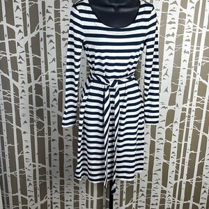 Banana Republic Navy Blue & White Striped Belted  Long Sleeve Stretchy Dress sz